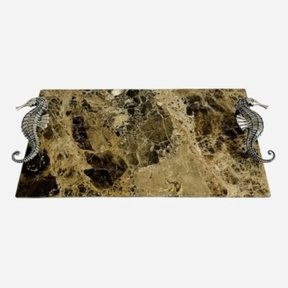 Marble Tray Silver Tone Seahorse Handles Serving Decorative Coastal Decor 14x7